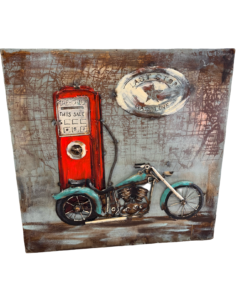 INSEGNA VINTAGE MOTO E POMPA BENZINA QUADRO ARREDO PARETE ' "LAST STOP GASOLINE"